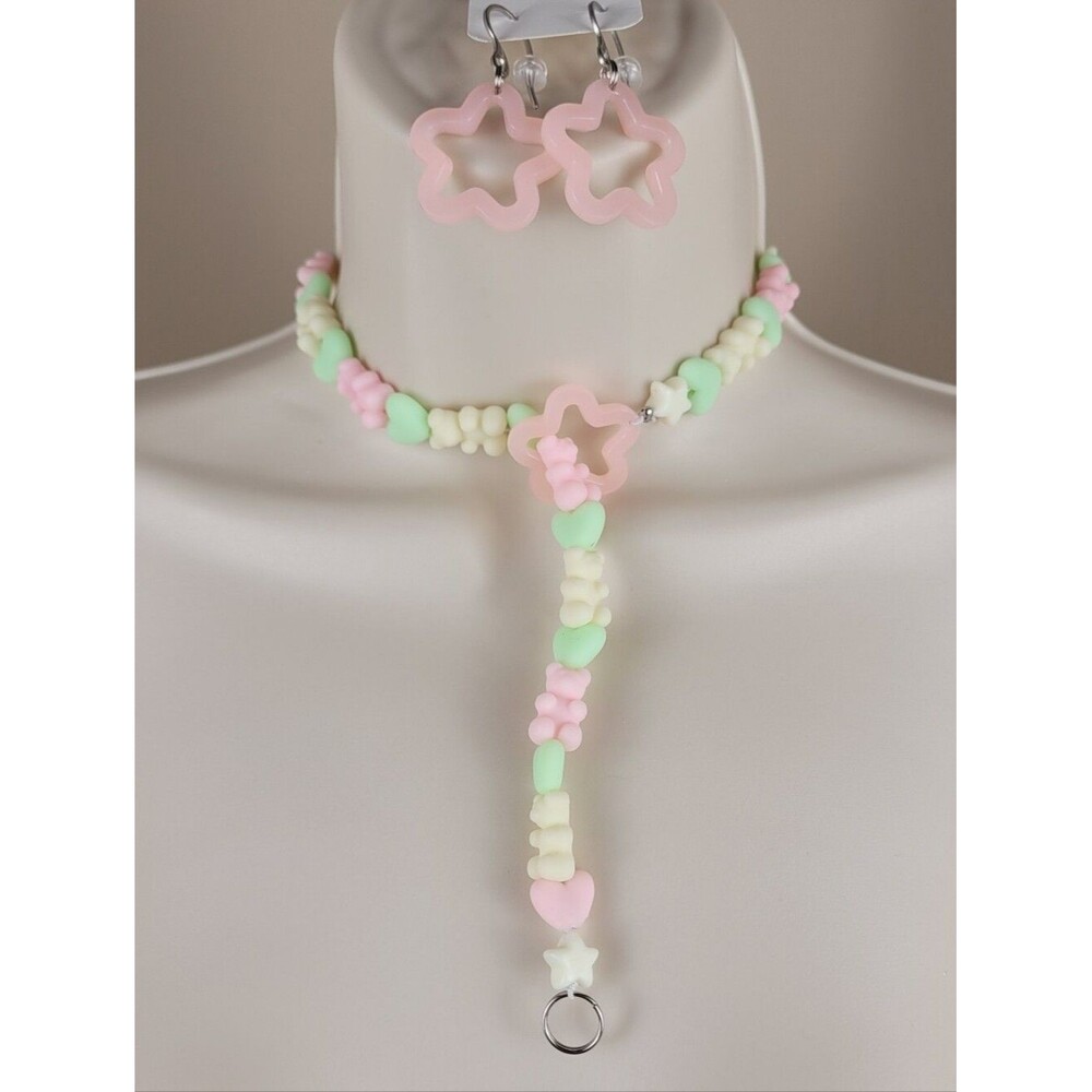 3pc spring Hanami Dango heart gummy bear lariat drop necklace & earrings